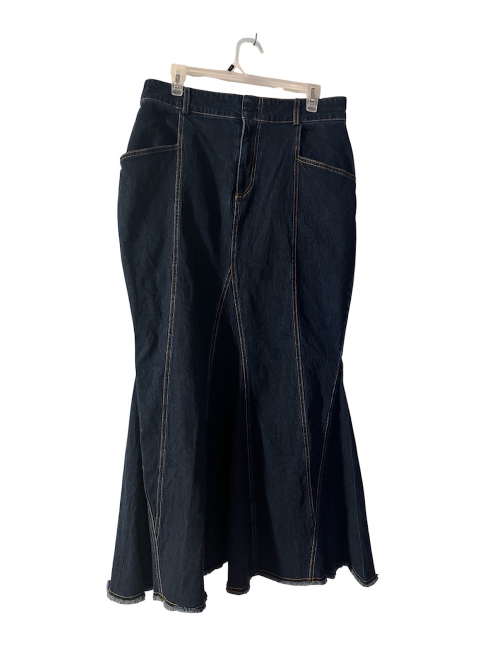 PILCRO Anthropologie Fluted Denim Maxi Skirt Dark Wash Raw Hem Size 12 - Picture 11 of 16